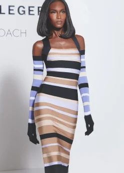 HERVÉ LÉGER X LAW ROACH STRIPED BANDAGE MIDI DRESS-Hervé Léger New