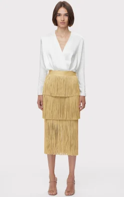 ICON METALLIC LAYERED FRINGE MIDI SKIRT-Hervé Léger Discount