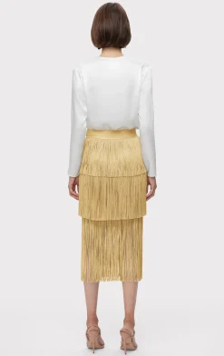 ICON METALLIC LAYERED FRINGE MIDI SKIRT-Hervé Léger Discount