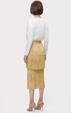 ICON METALLIC LAYERED FRINGE MIDI SKIRT-Hervé Léger Discount