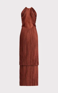 METALLIC DRAPED FRINGE HALTER GOWN-Hervé Léger Discount