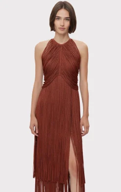 METALLIC DRAPED FRINGE HALTER GOWN-Hervé Léger Discount