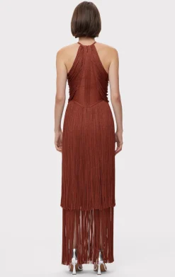 METALLIC DRAPED FRINGE HALTER GOWN-Hervé Léger Discount