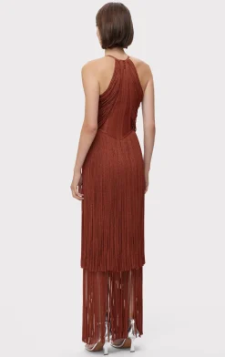 METALLIC DRAPED FRINGE HALTER GOWN-Hervé Léger Discount