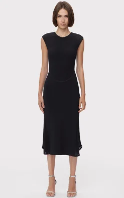 SHEER FLUTED STRIPE FLARE MIDI DRESS-Hervé Léger New
