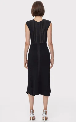 SHEER FLUTED STRIPE FLARE MIDI DRESS-Hervé Léger New