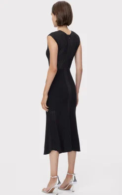 SHEER FLUTED STRIPE FLARE MIDI DRESS-Hervé Léger New