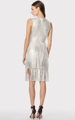 V NECK FOIL FRINGED MIDI DRESS-Hervé Léger Clearance
